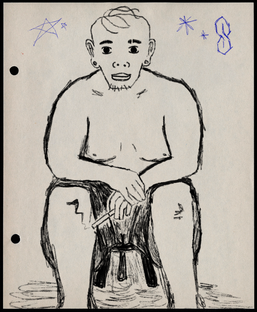 I man sitting on a stool having a cigarette