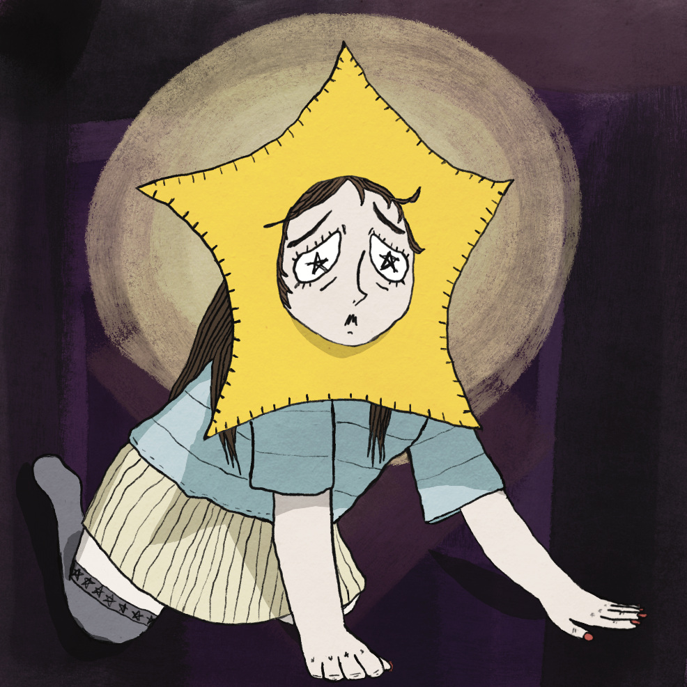 a girl on her hands and knees with a star-shaped headdress on